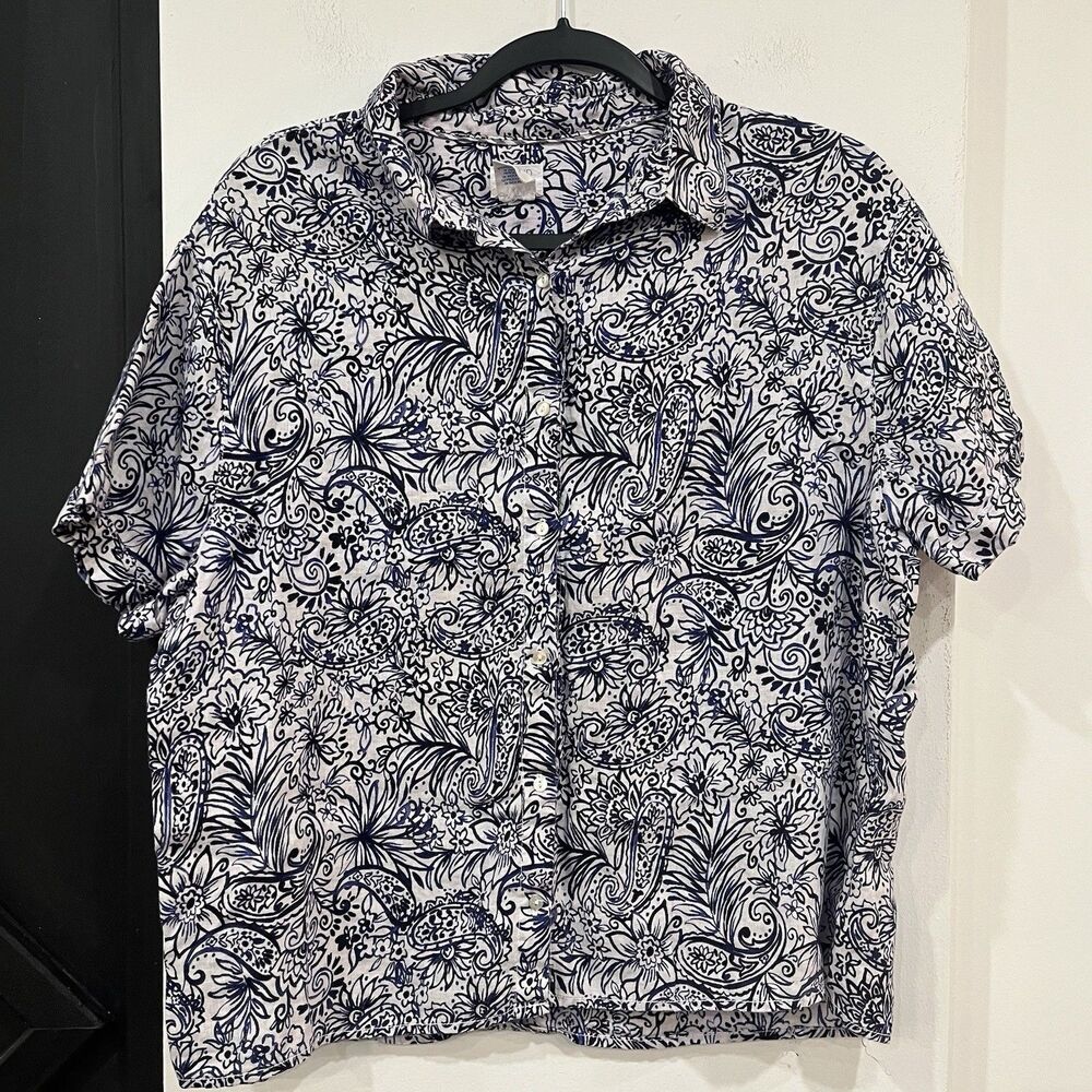 Sigrid Olsen Short Sleeve Linen Top Floral Paisley Button Up Size Large